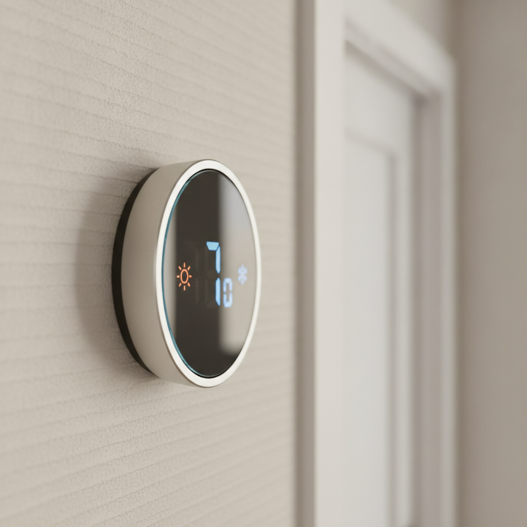 Smart home automation thermostat close-up controlling smart climate with unified platform