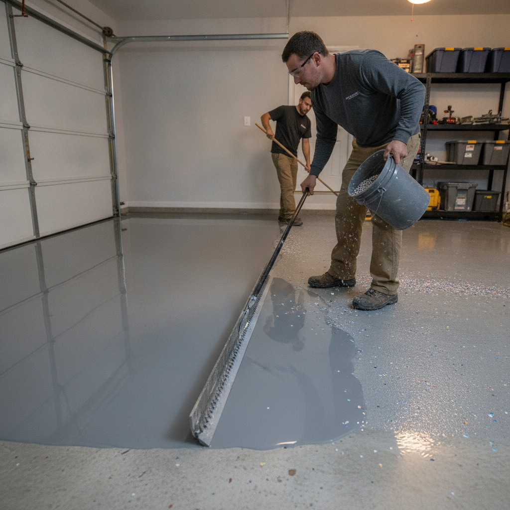 Installer applying epoxy with squeegee and roller while broadcasting vinyl flakes on a garage floor in Milton
