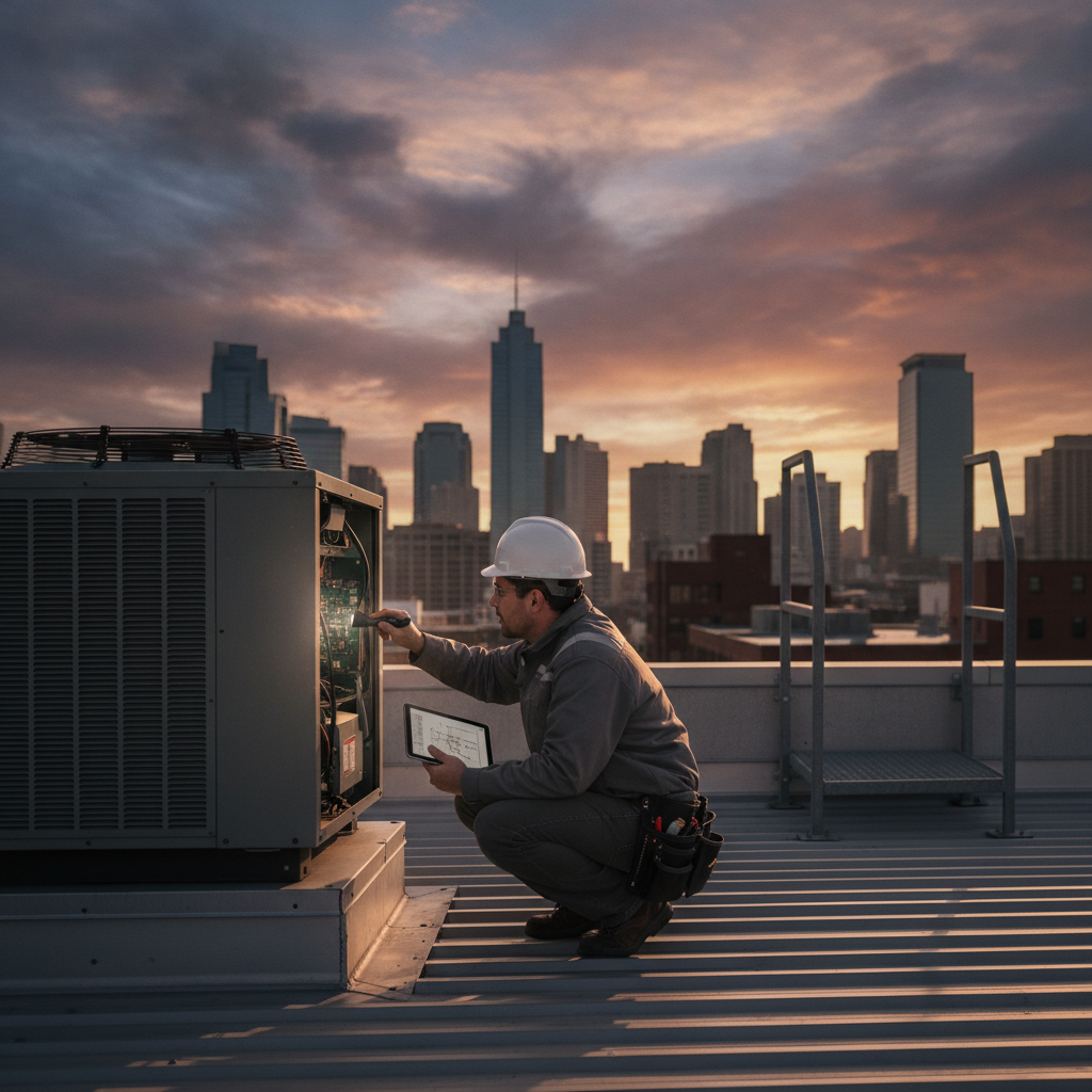 Commercial inspector examining rooftop HVAC units on a warehouse to assess performance, safety, and maintenance needs