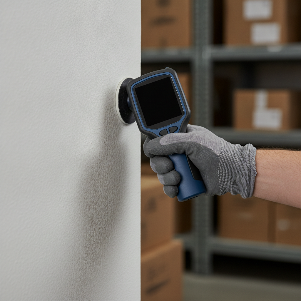Commercial inspector using a moisture meter during an interior inspection to check for moisture intrusion and water damage risk