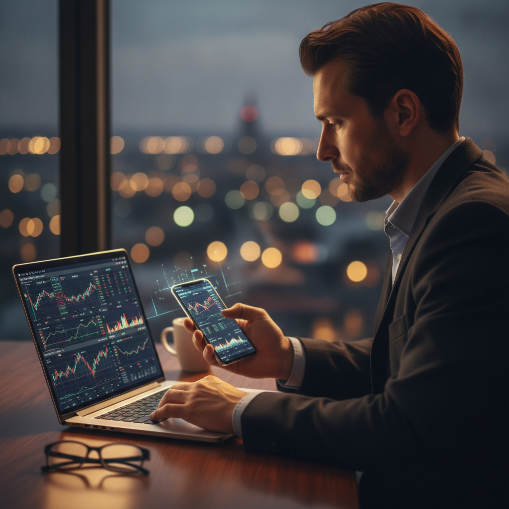 Trader reviewing real-time trading alerts and stock signals on a laptop and smartphone