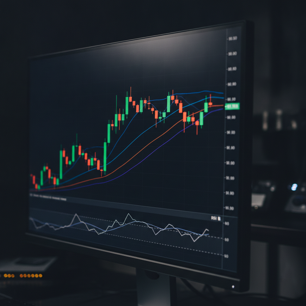 Close-up candlestick chart illustrating trading signals with RSI and moving averages for technical analysis
