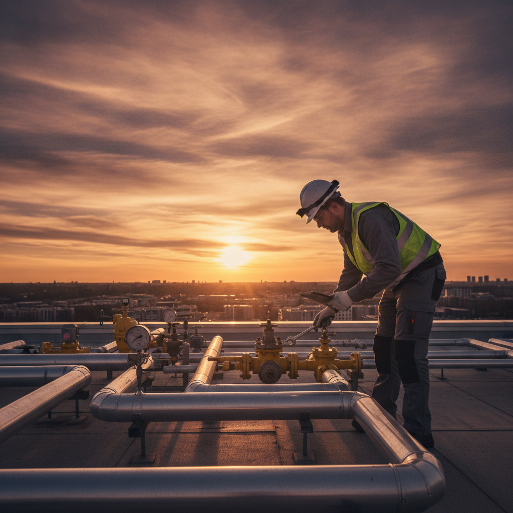 Maintenance technician with PPE inspecting rooftop gas piping at sunset, illustrating outdoor gas pipe marker strategy