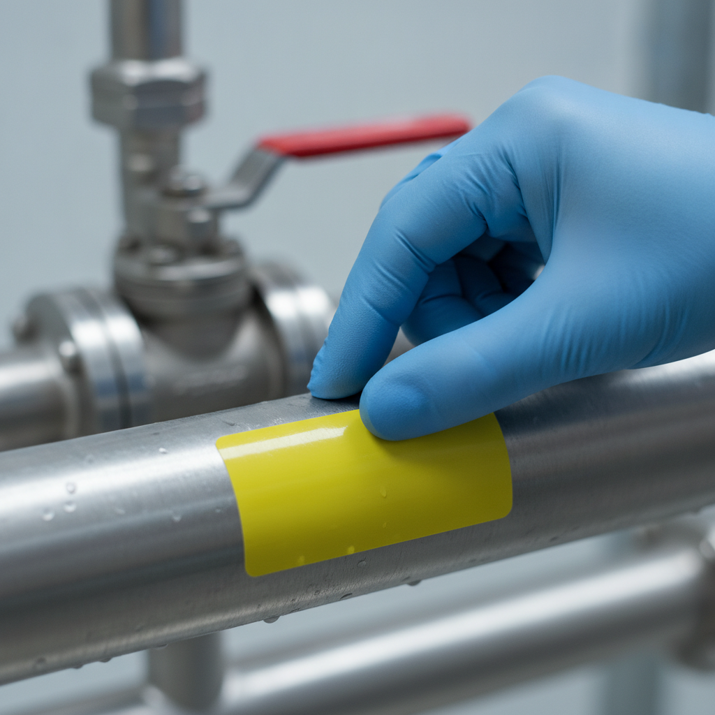 Close-up applying a yellow gas pipe marker with arrows on a metal gas line, demonstrating proper surface prep and alignment