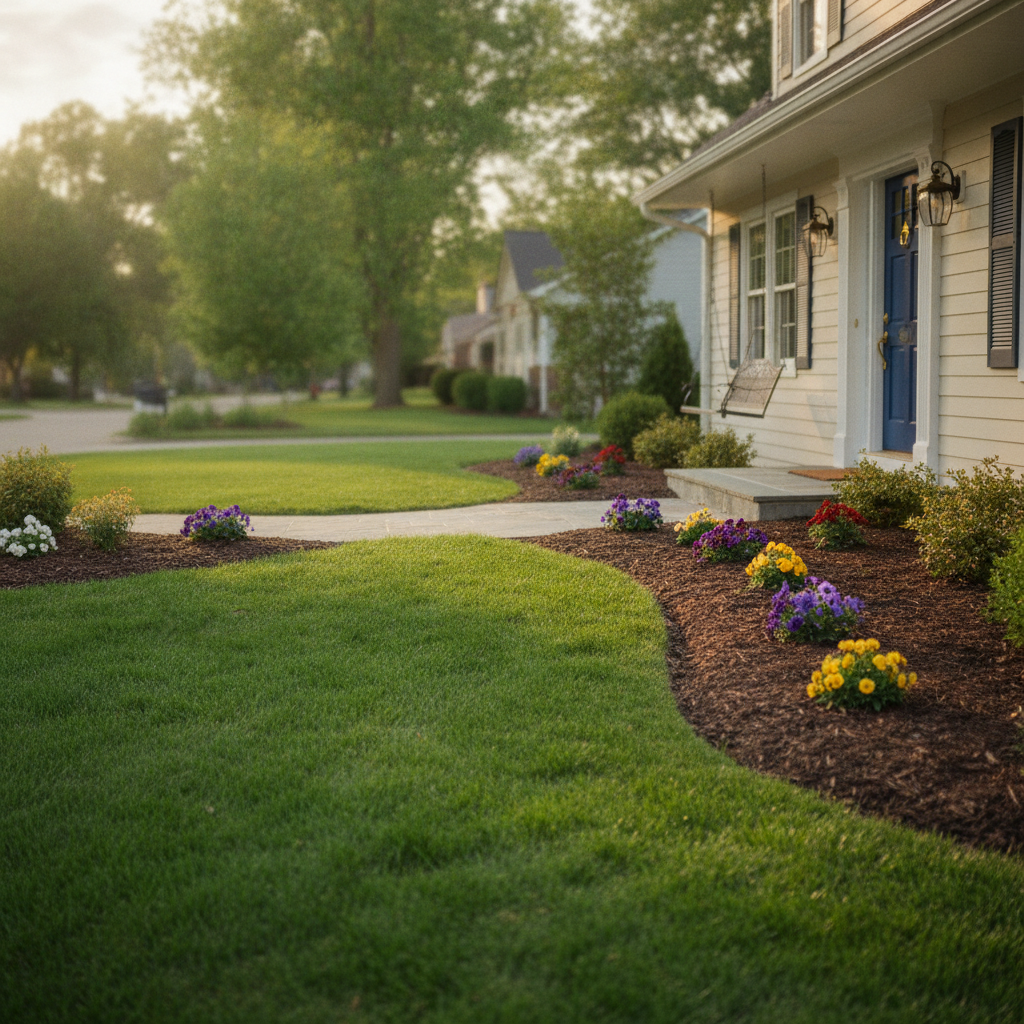 Golden-hour curb appeal with fresh mulch, trimmed lawn, and a newly painted front door in North York
