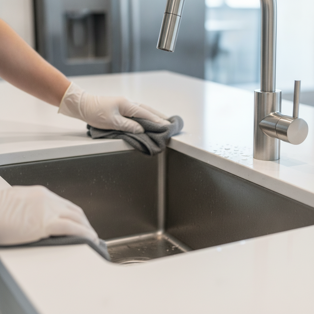 Detail shot polishing a stainless kitchen faucet as part of how to prepare a home for sale cleaning checklist