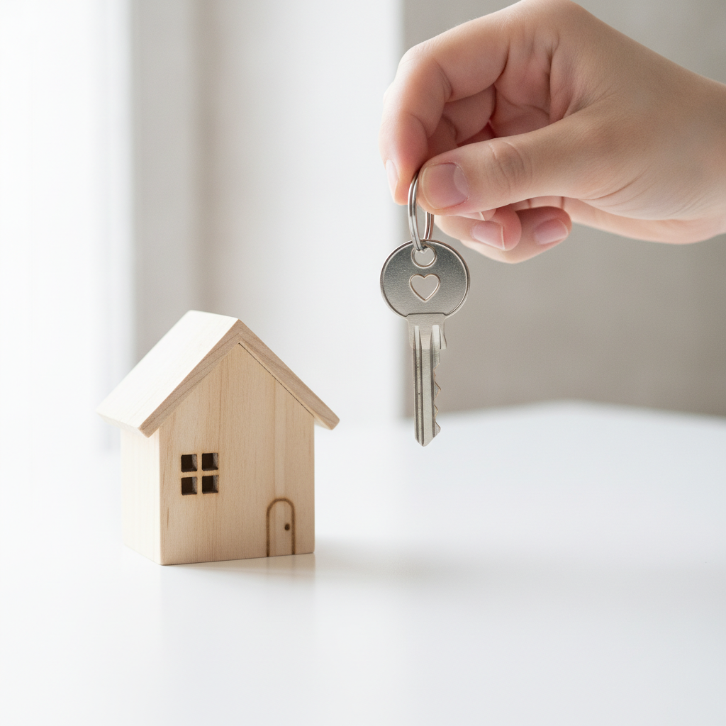 Close-up of new house key next to a wooden house model, symbolizing how to buy a home and secure ownership in Canada