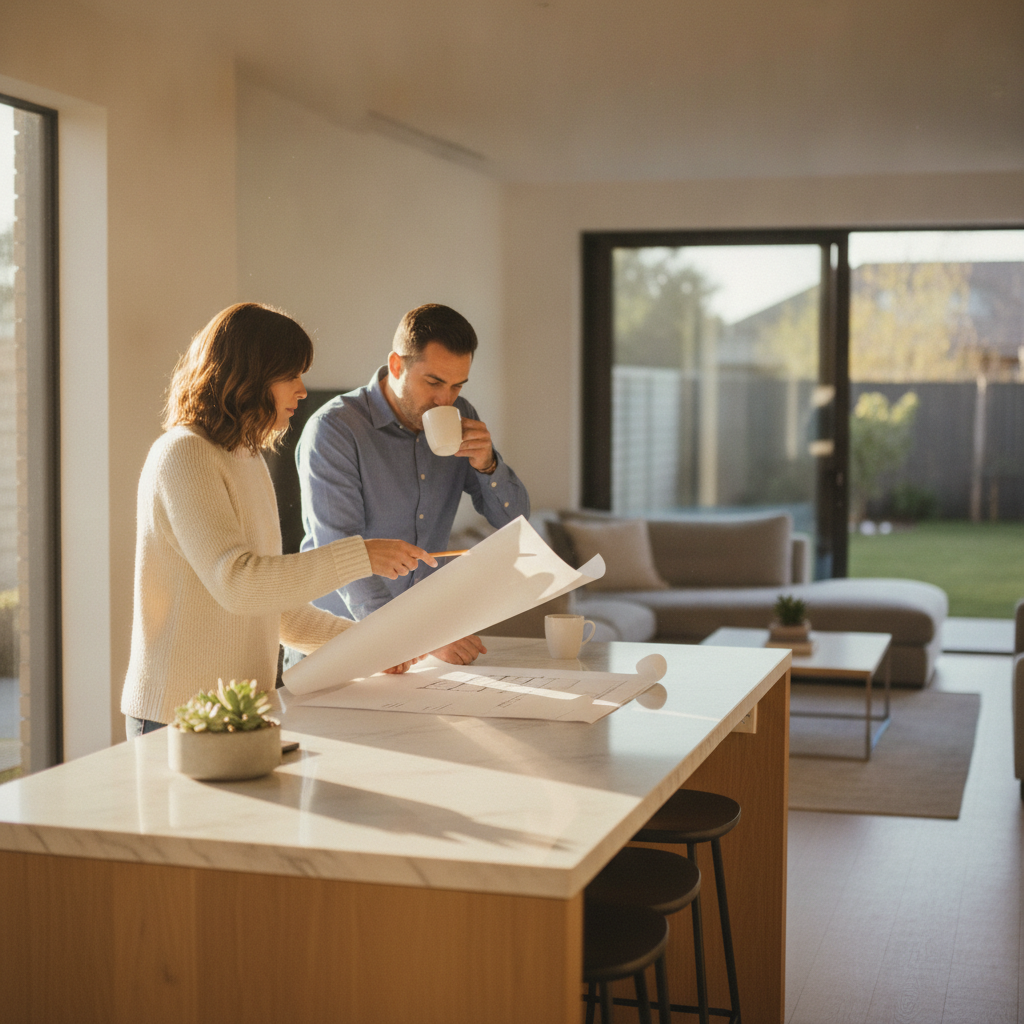 Two homebuyers reviewing floor plans at a kitchen island, planning how to buy a home with a structured checklist and timeline