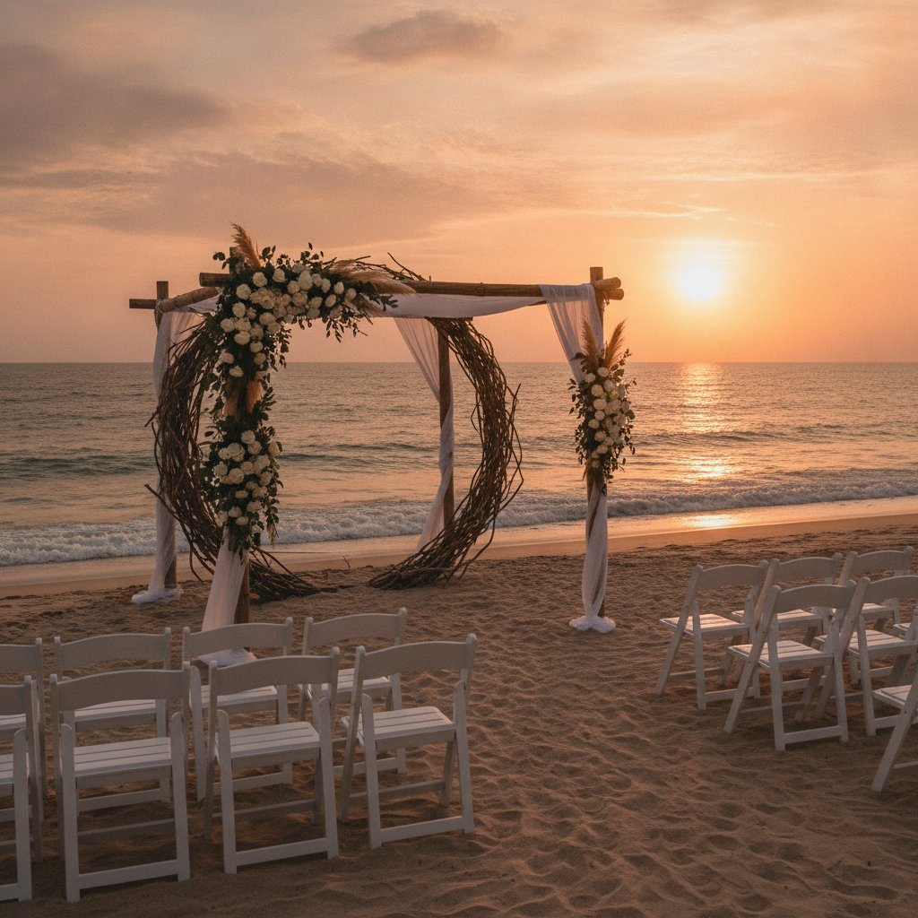Sunset oceanside mandap and chairs prepared for a destination wedding ceremony planned from London
