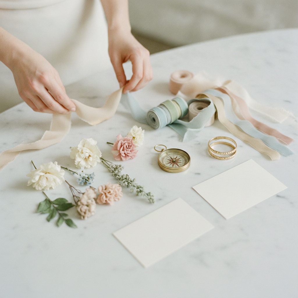 Close-up decor samples, fabrics, and gold accents used in destination wedding planning from London
