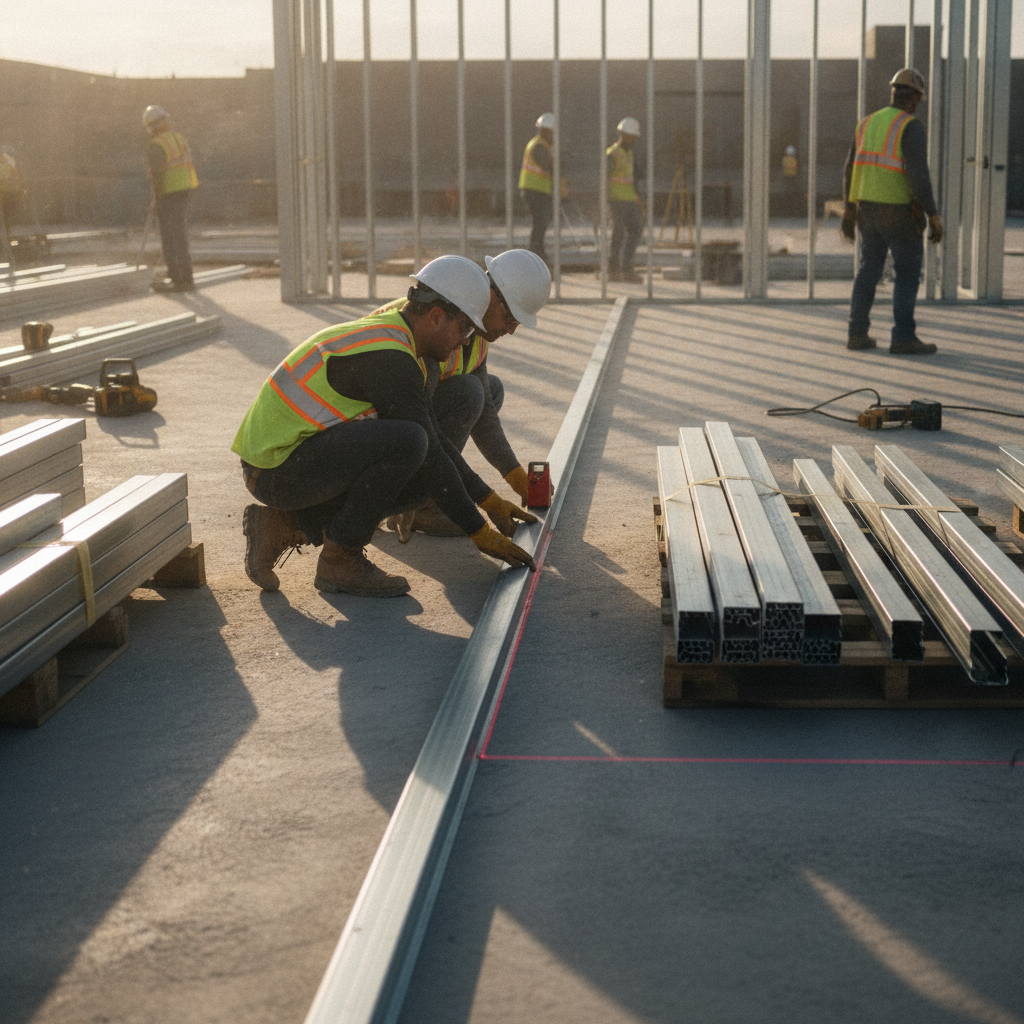 Contractors aligning metal tracks with a laser level on a concrete slab for precise steel stud framing layout