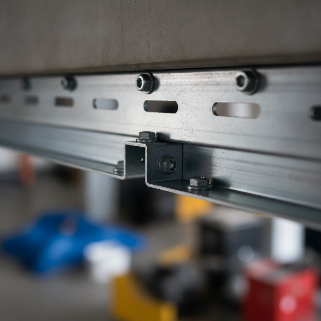 Close-up of slotted deflection track detail in steel stud framing, showing fasteners and slots for controlled vertical movement