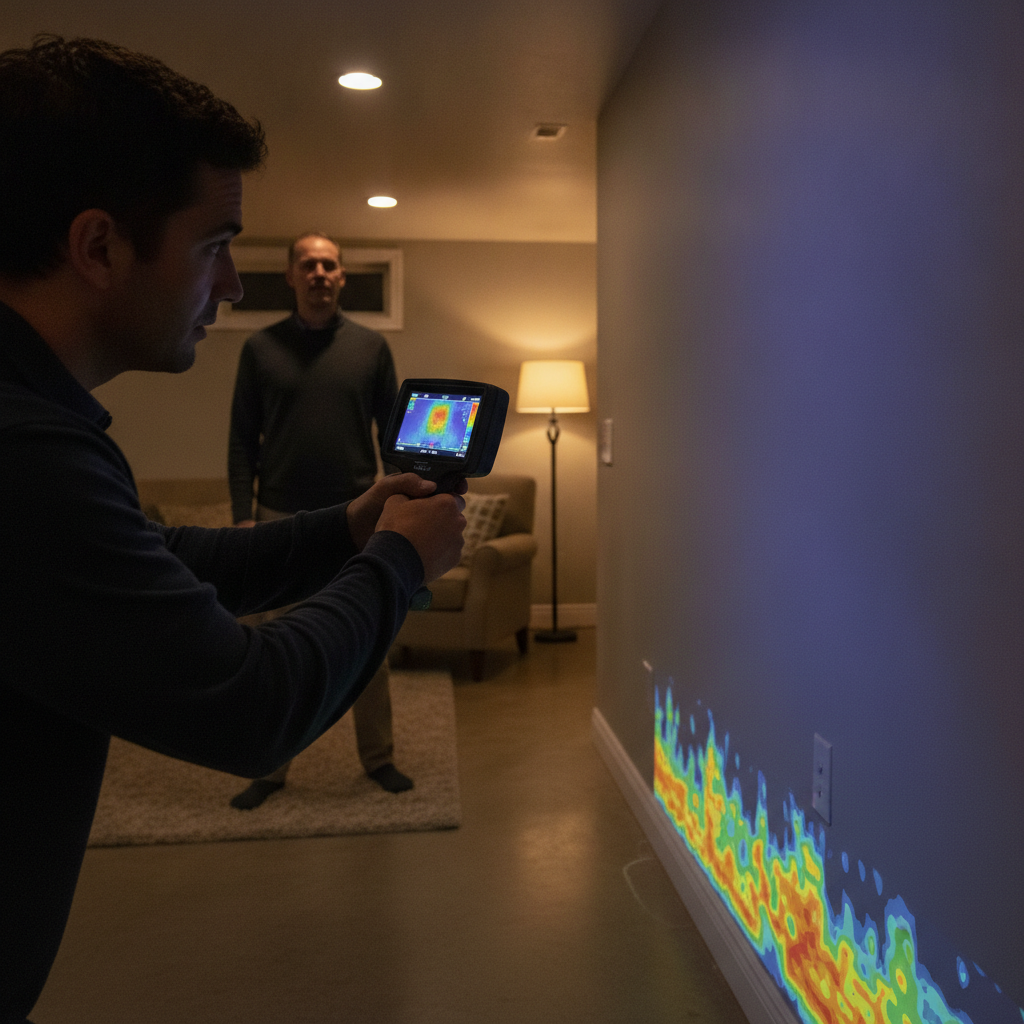 Thermal imaging camera scanning a finished basement wall during a mold inspection to detect hidden moisture in a Scarborough home