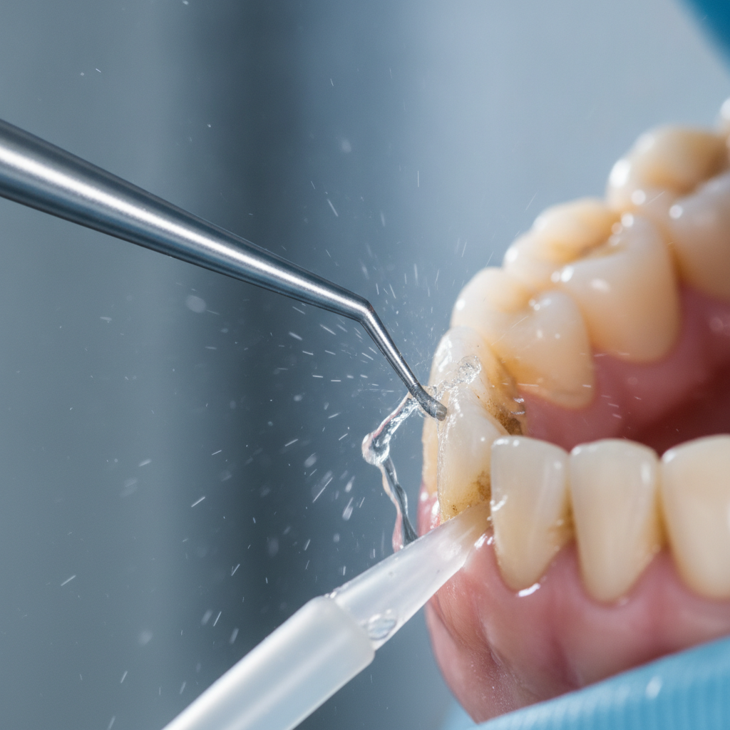 Close-up of ultrasonic scaler removing tartar during professional teeth cleaning, showing water spray and tooth surface detail