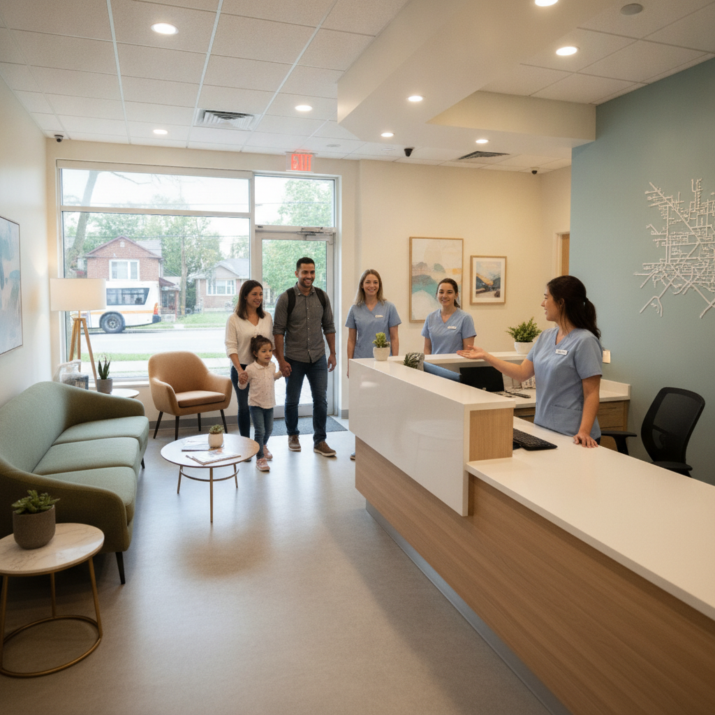 Friendly dental clinic reception in Scarborough welcoming a family for professional teeth cleaning appointments