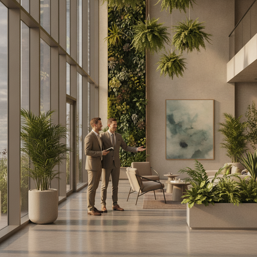 Realtor guiding investors through a condo lobby in Oakville, evaluating amenities and rental appeal