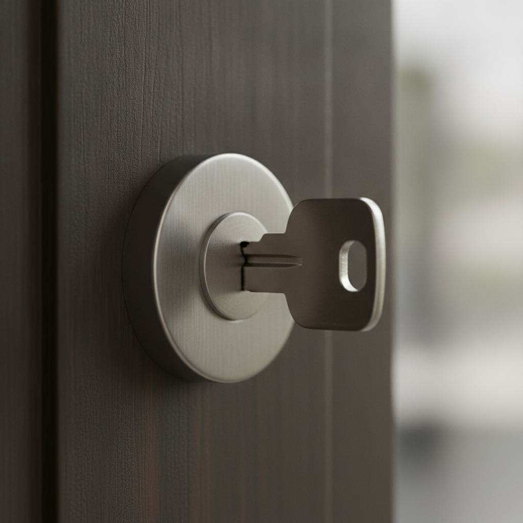 Close-up key turning in modern front door, symbolizing Oakville real estate entry and secure investment