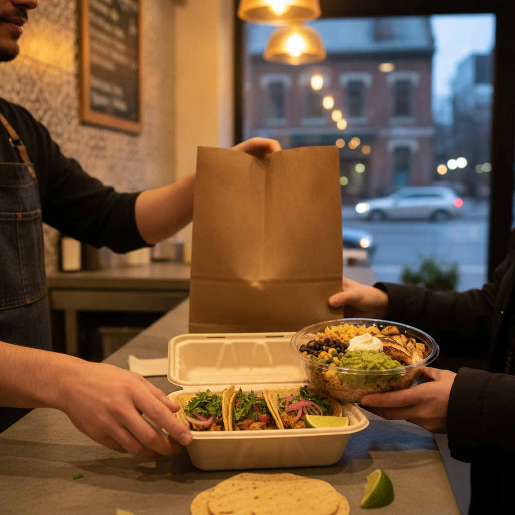 Old Toronto takeout scene with Mexican burrito bowl and tacos packed in eco-friendly containers for easy, mess-free travel