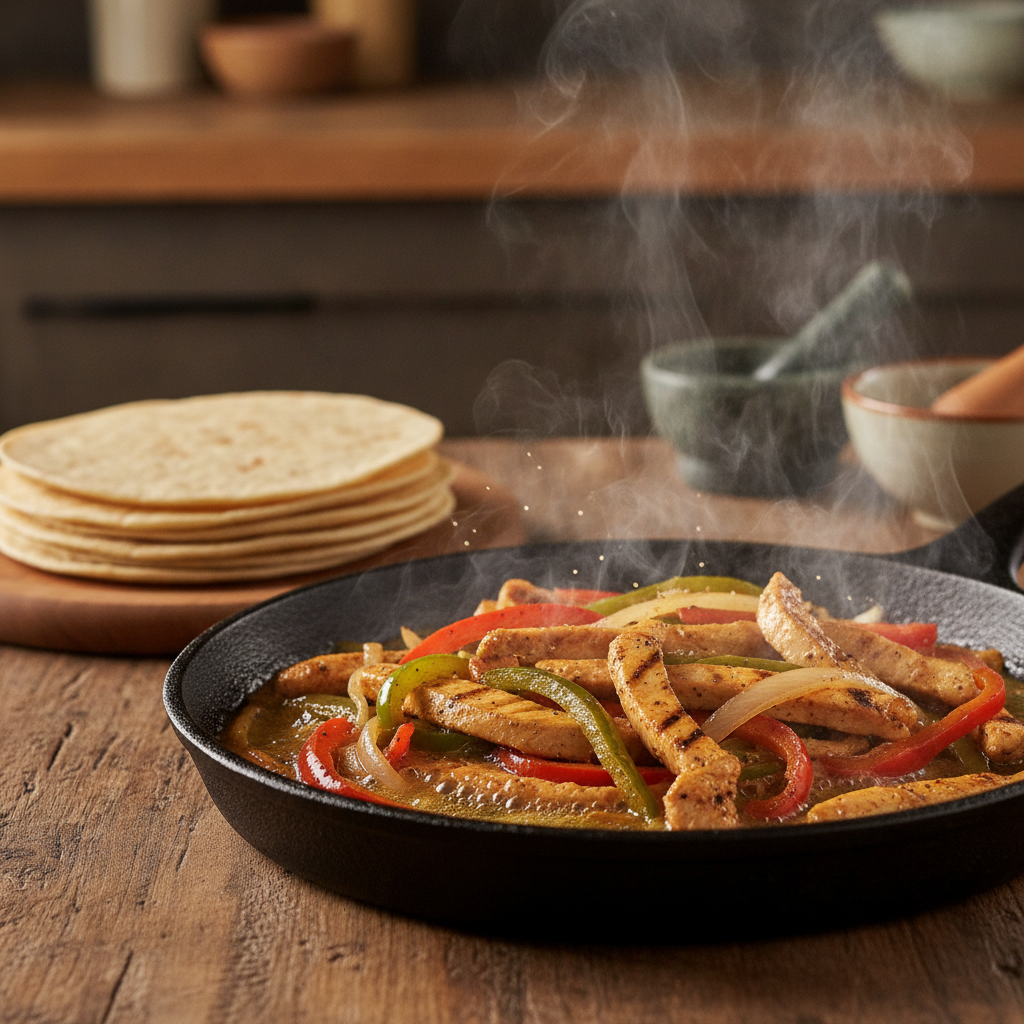 Close-up of sizzling chicken fajitas on a cast-iron skillet, ideal for dine-in at a Mexican grill in Old Toronto
