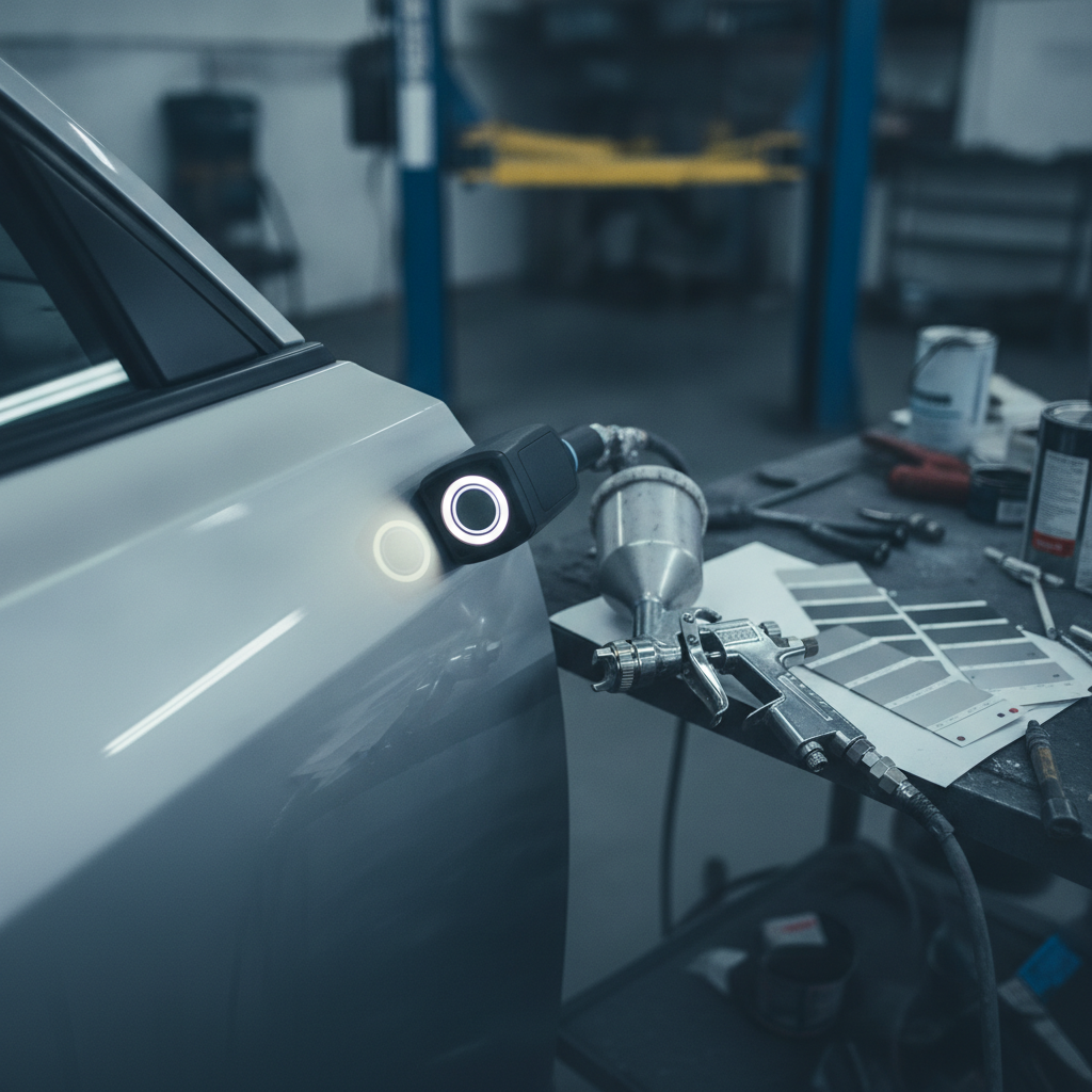 Close-up of spectrophotometer scanning a silver door for precise automotive paint matching during collision repair