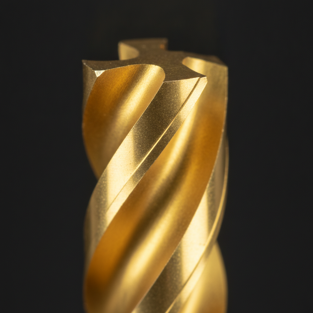 Close-up of TiN-coated carbide end mill demonstrating wear-resistant physical vapor deposition coating on cutting tools