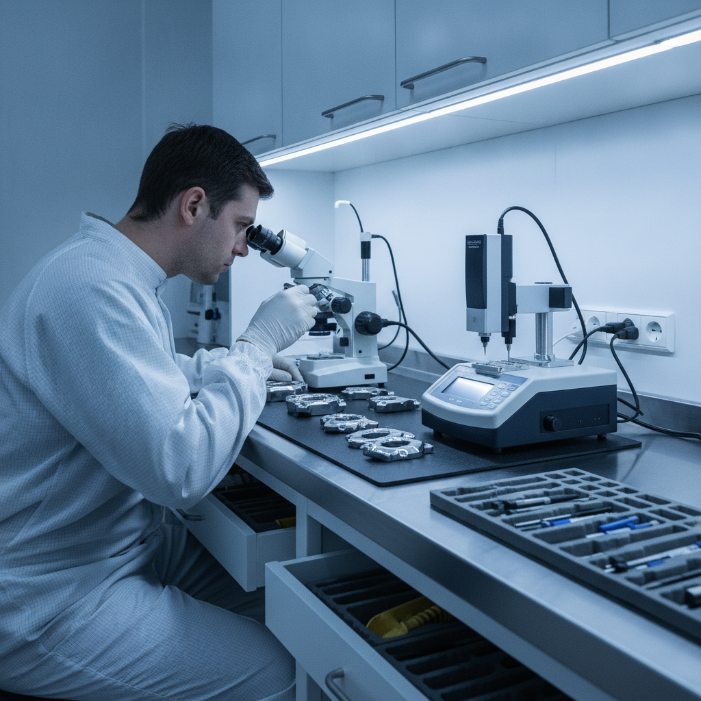 Quality control laboratory scene inspecting PVD-coated parts with microscope and surface measurement tools in a clean industrial setting