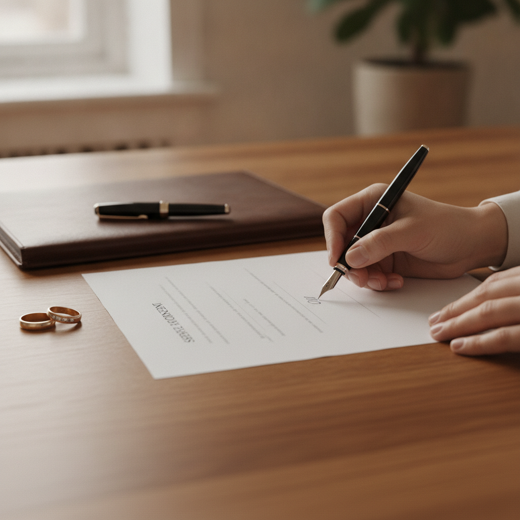 Etobicoke divorce lawyer overseeing separation agreement signing with rings and pen on desk