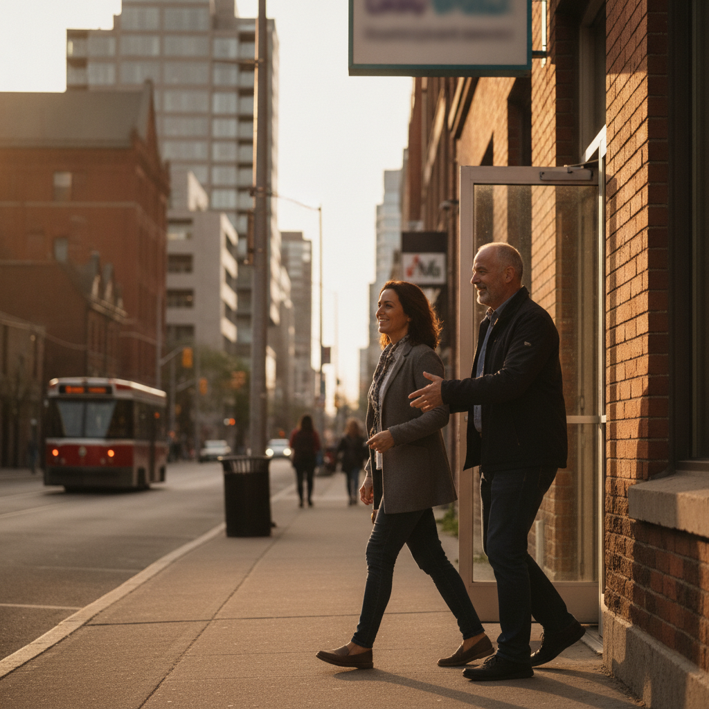 Patient leaving an Ontario clinic with a counselor after a Sublocade medicine appointment, hopeful and supported