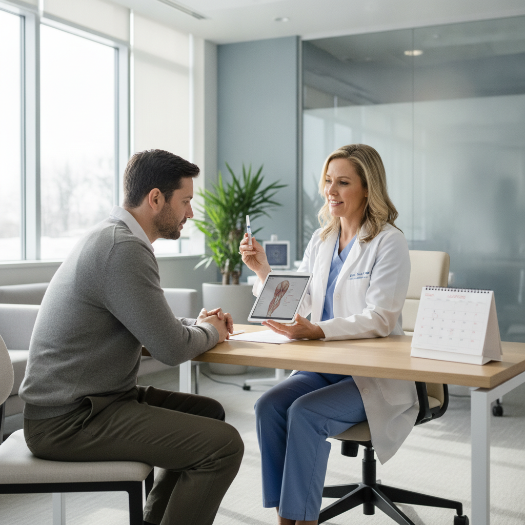 Clinician and patient discussing Sublocade medicine monthly plan in a modern Ontario outpatient clinic