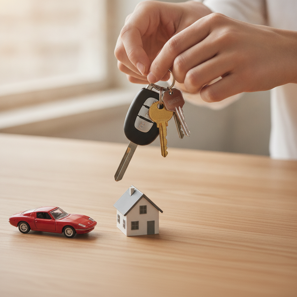 Close-up of keys and small car and house models for home and car insurance quotes in Whitby