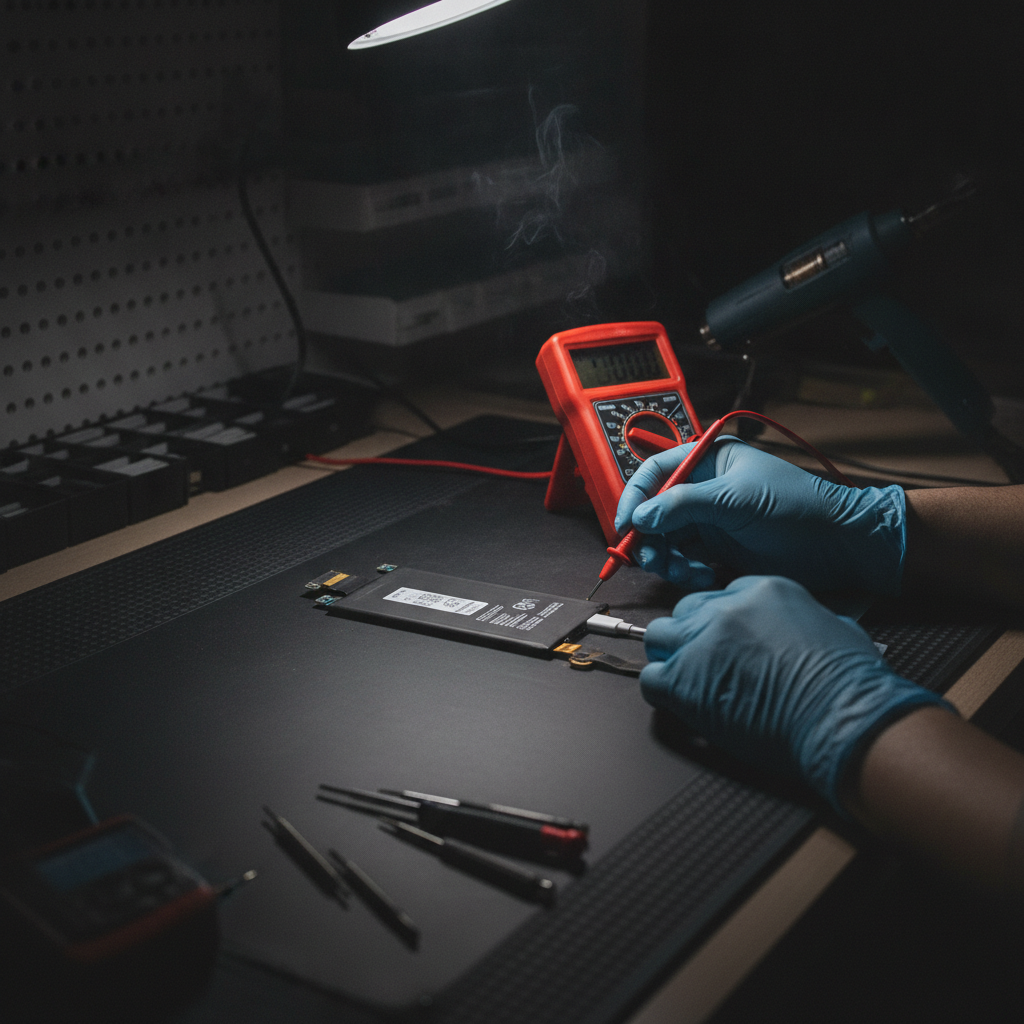 Technician testing iPad charging with a multimeter at repair bench