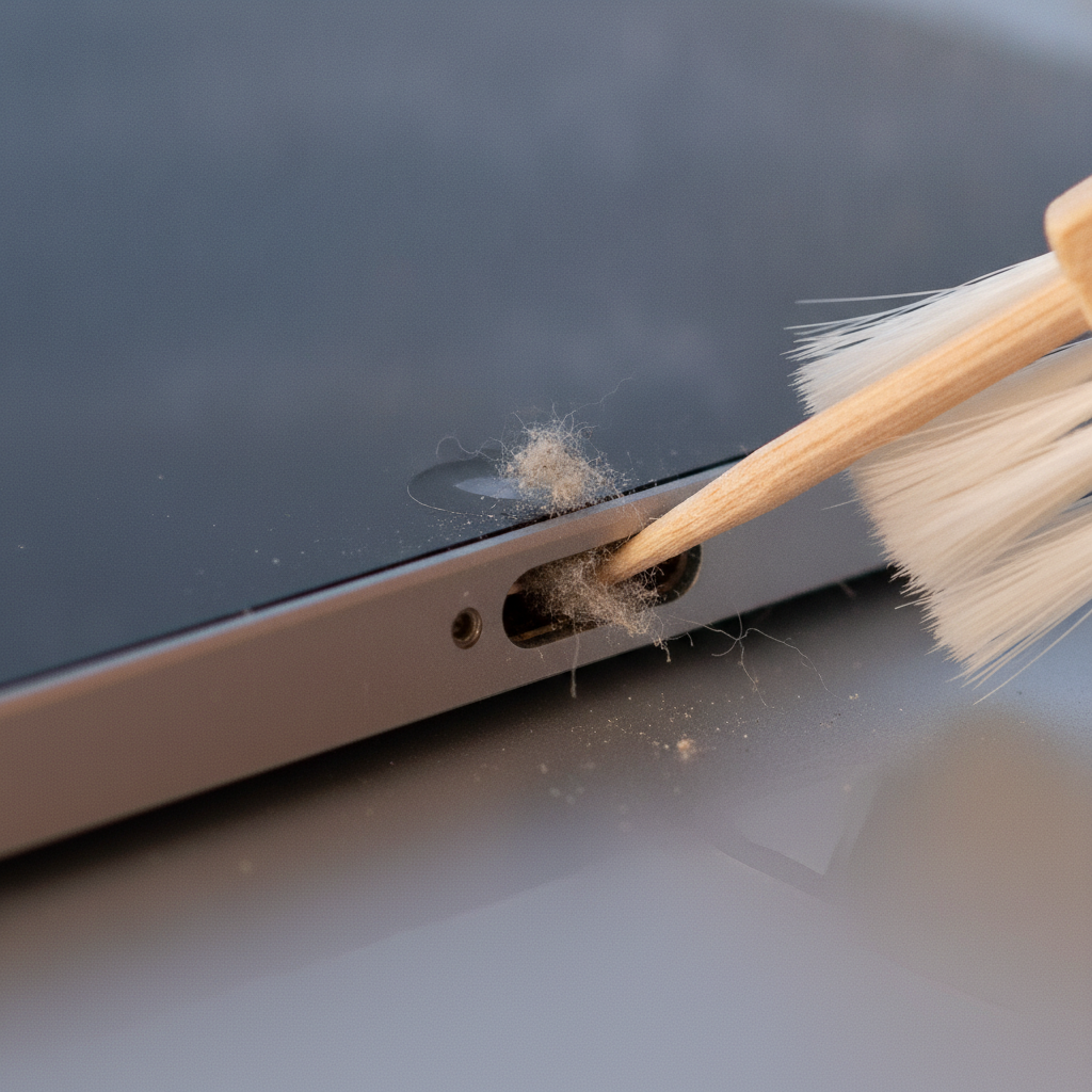 Close-up cleaning an iPad USB-C port to fix not charging issue