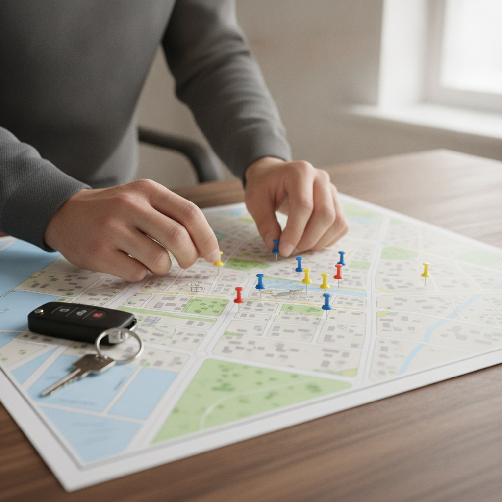 Detail shot of local real estate planning with map pins and keys symbolizing Peel market signals in Brampton