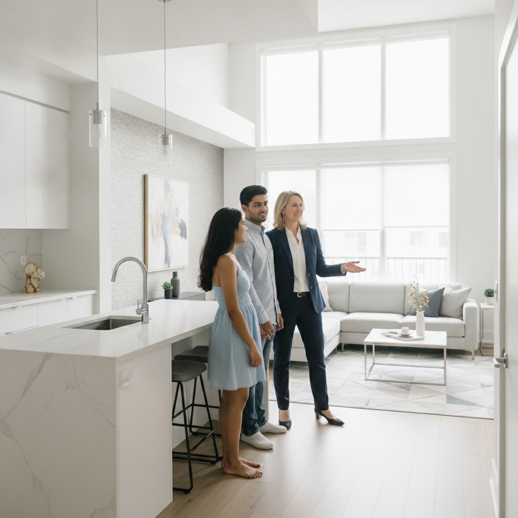 Brampton couple touring a modern townhouse with a local Realtor, illustrating buyer behavior trends in Peel