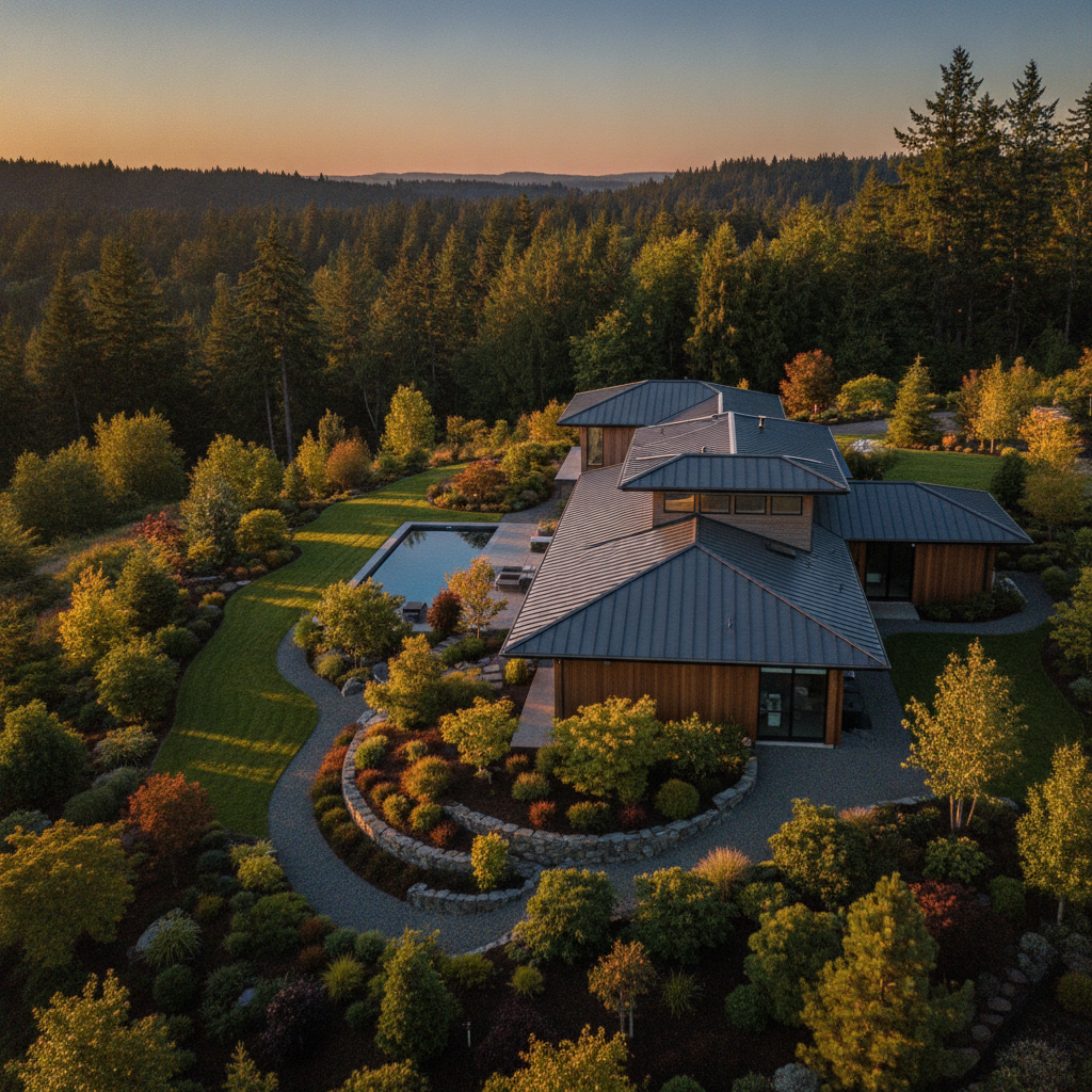 Drone real estate photo showing property context, rooflines, and lot orientation at golden hour in the Pacific Northwest