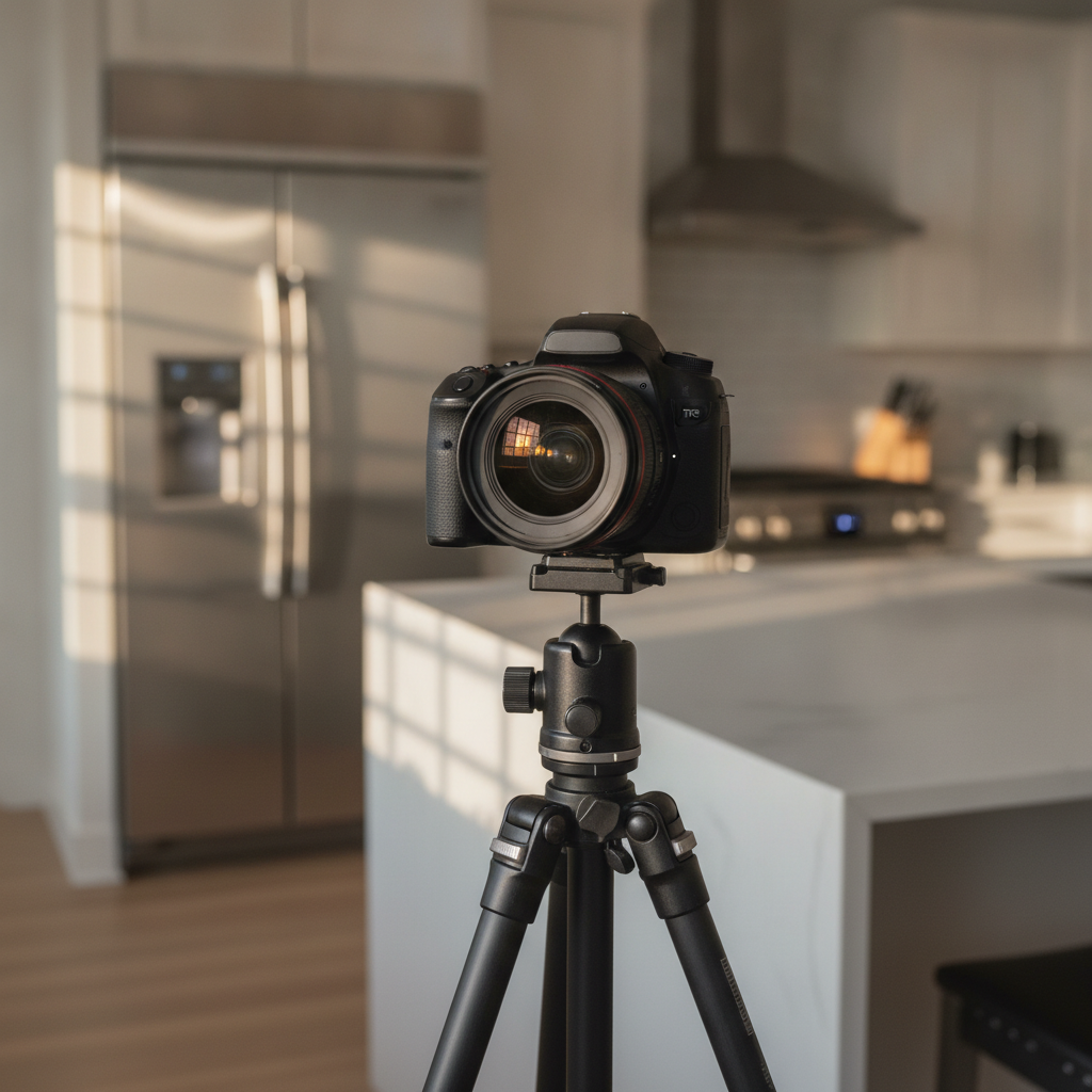 Close-up of DSLR on tripod for real estate photography, showing professional gear used to capture wide, bright listing photos