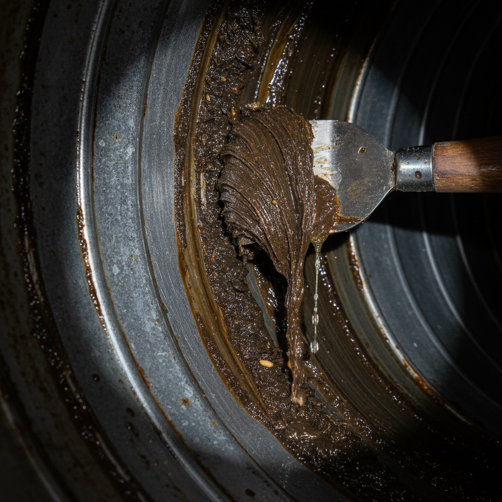 Close-up of grease removal inside an exhaust duct, illustrating the kitchen exhaust cleaning checklist steps