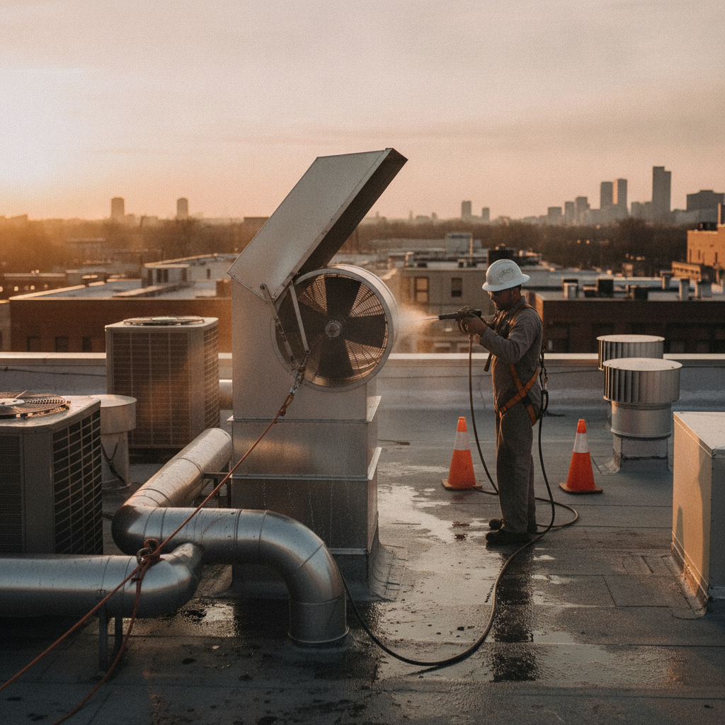 Rooftop upblast exhaust fan with hinge open, technician cleaning blades as part of a kitchen exhaust cleaning schedule