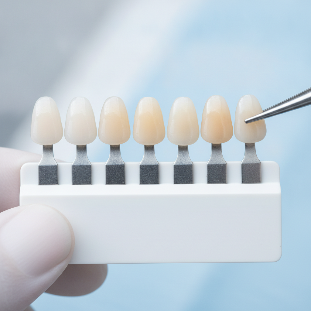 Close-up dental shade guide comparing enamel color before and after Philips Zoom teeth whitening under clinical light