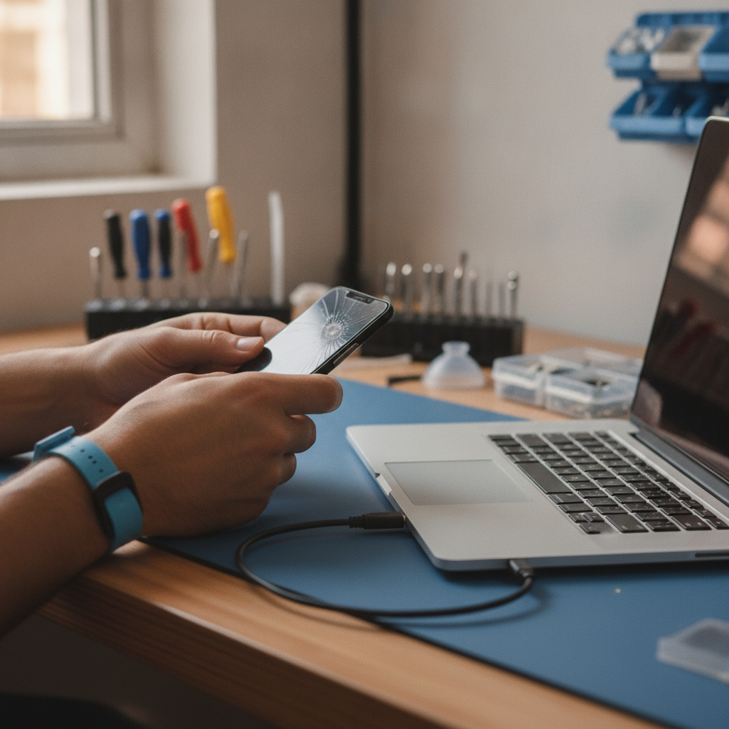 Technician performing phone unlock verification with USB-C cable and tools