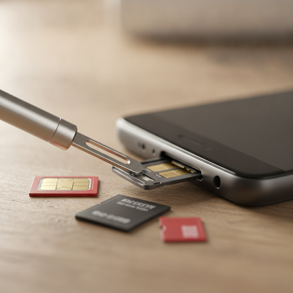 Close-up SIM tray ejected from smartphone during phone unlocking process in Calgary