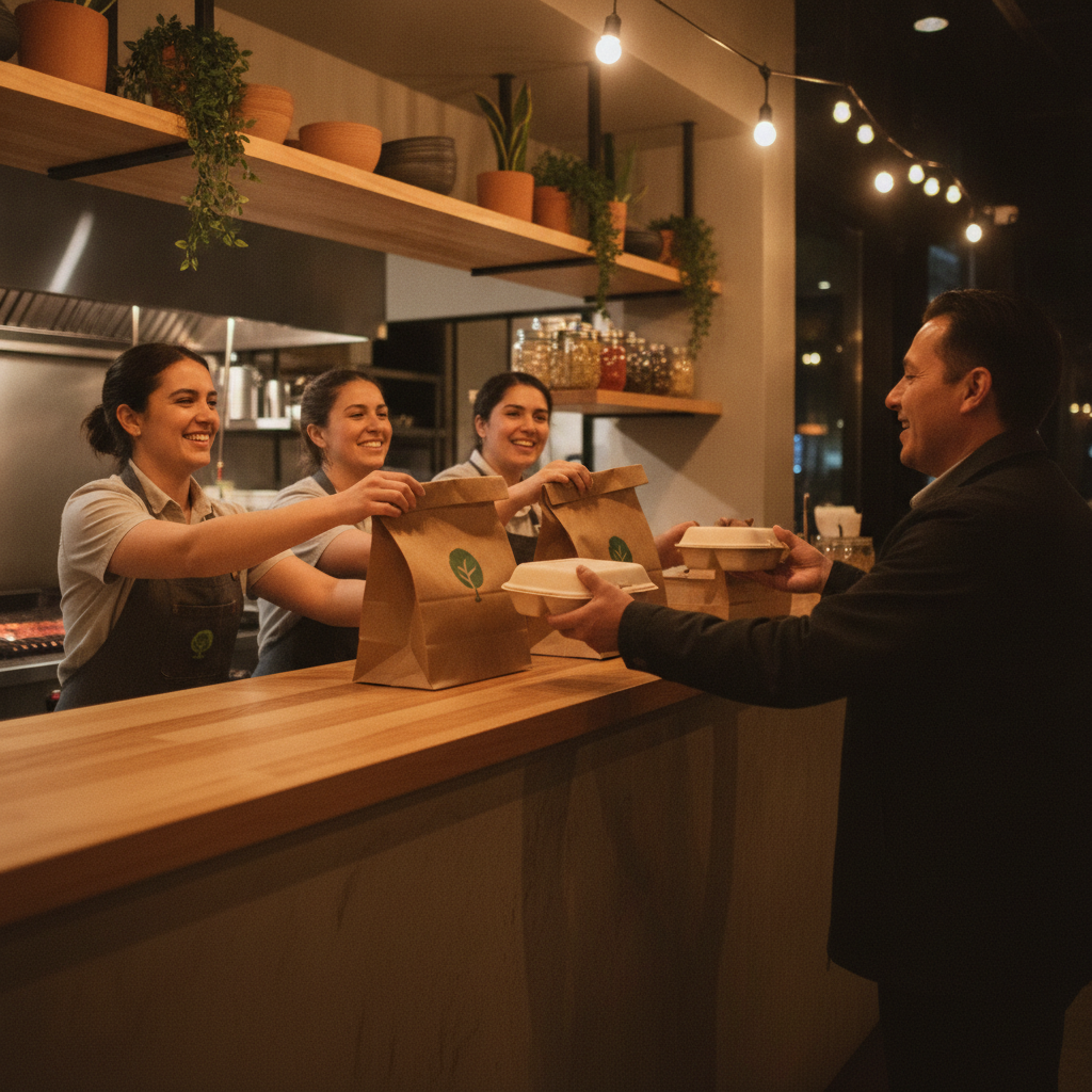 Restaurant team handing eco-friendly Mexican takeout to a customer for a fast weeknight dinner in Old Toronto