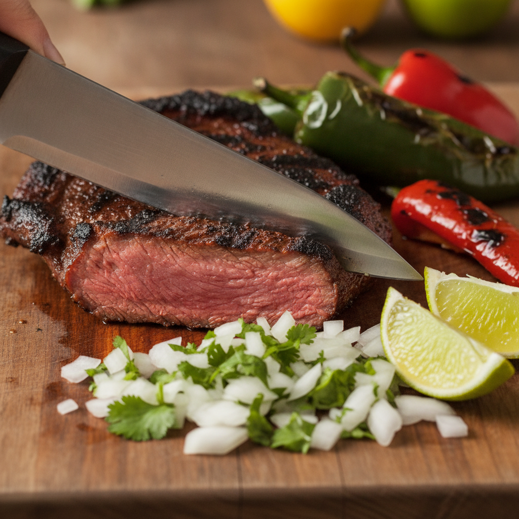 Close-up of grilled carne asada for Mexican takeout, with charred peppers, cilantro, onions, and lime for busy weeknights