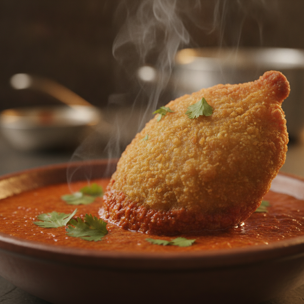 Close-up of kurkure momo dipped in spicy chutney at a Kitchener Indian fusion restaurant
