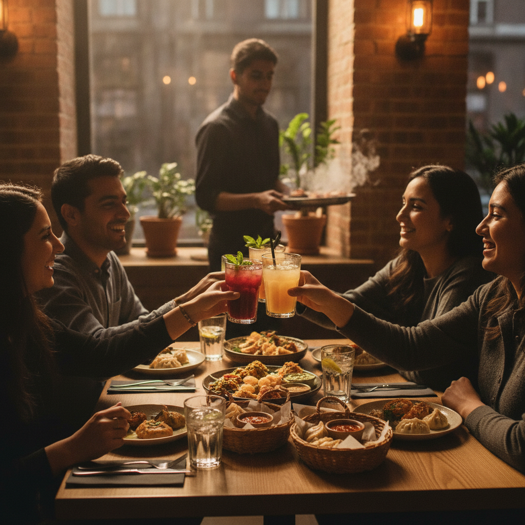 Friends sharing chaat and baskets of momos in Cherry Hill Kitchener at an Indian fusion table