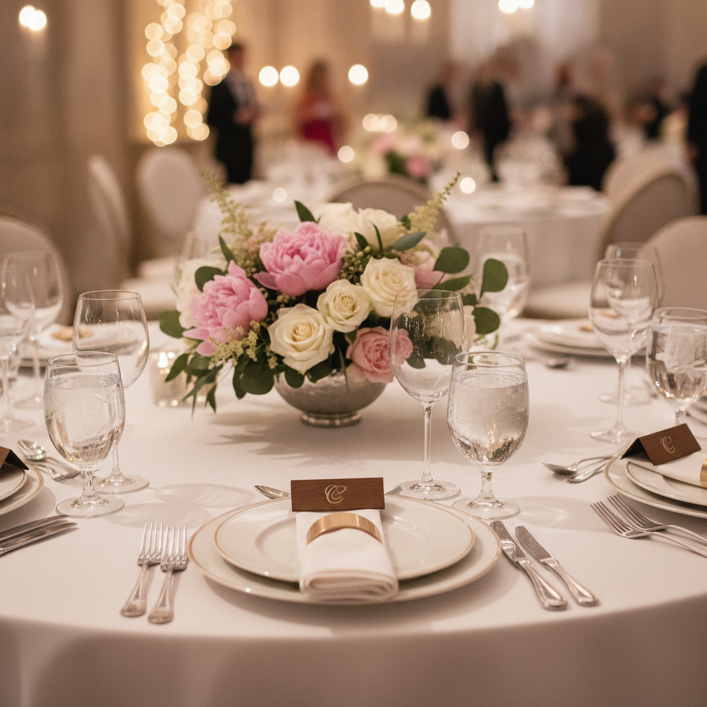 Close-up of premium place settings and floral centerpiece for corporate events in Tooting, reflecting Patel Events’ décor and styling detail