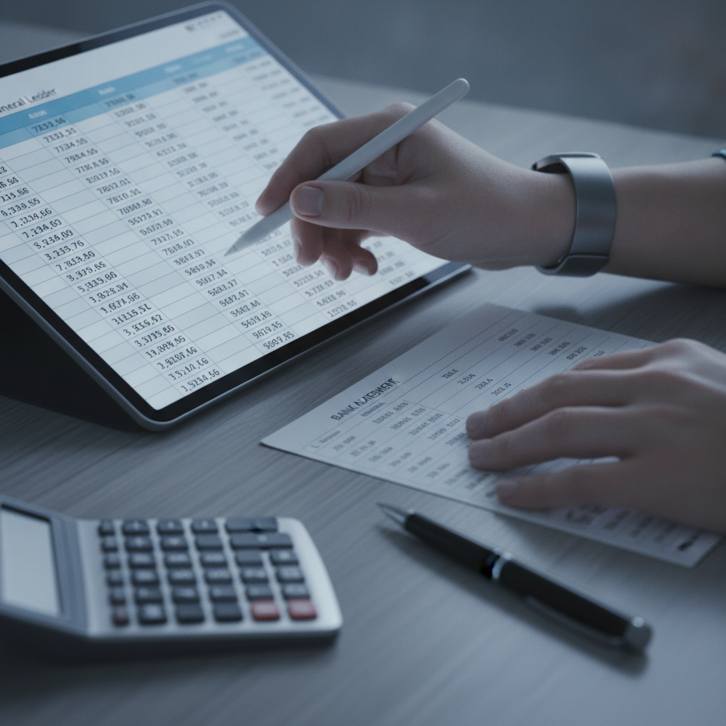 Close-up of a financial accountant reconciling statements on a tablet, illustrating monthly close discipline