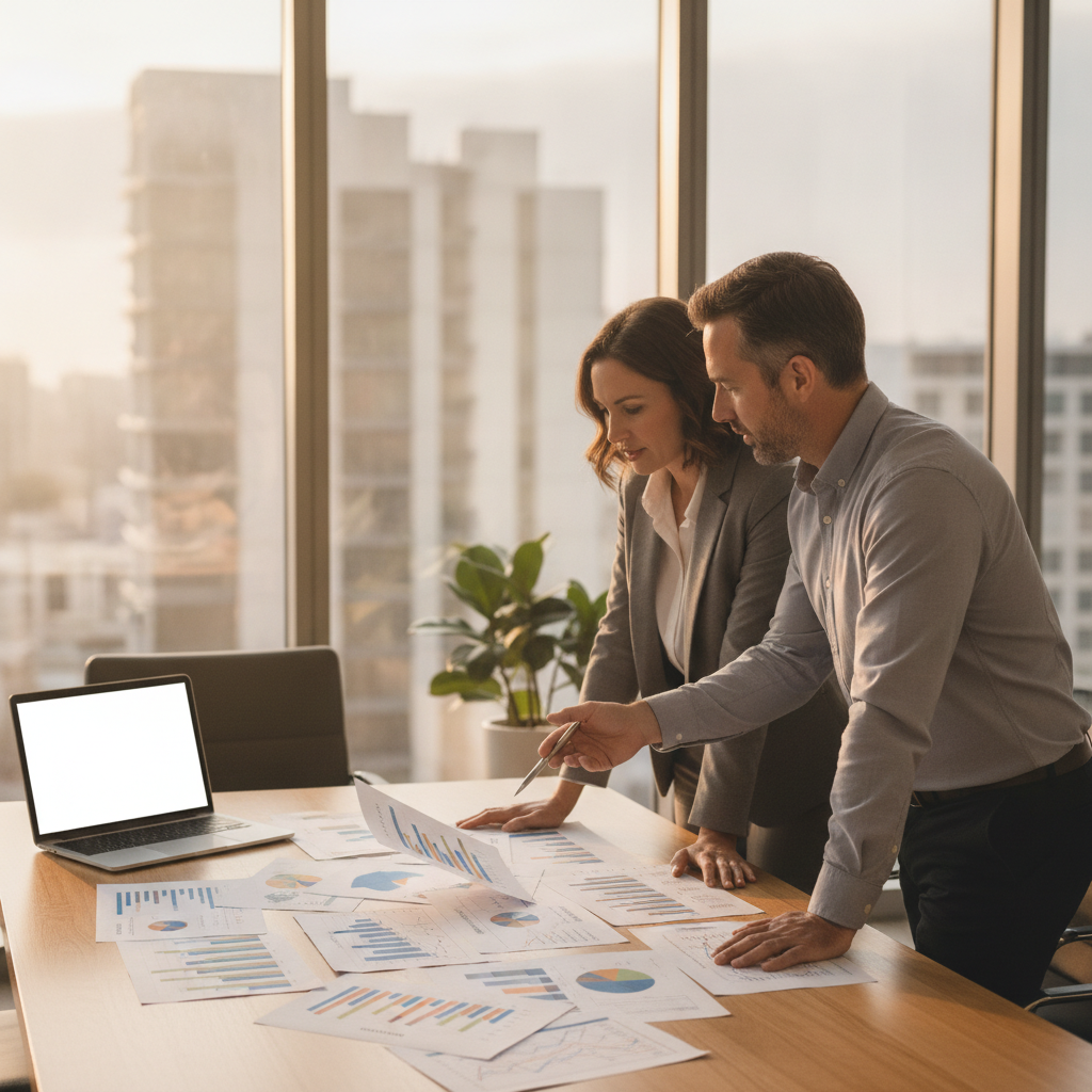 Small business owner meeting a financial accountant in a glass-walled room with reports on the table, showing collaborative planning