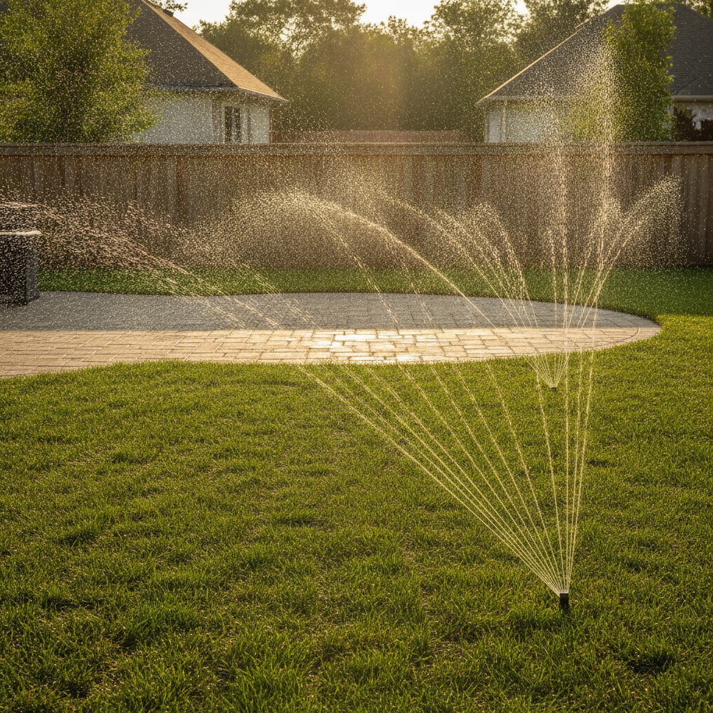 Freshly installed sod in a Mississauga backyard being watered by sprinklers, with an interlocking patio and wooden fence visible at golden hour