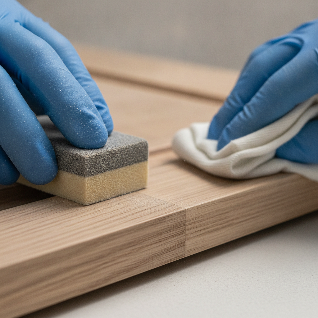Detail shot of cabinet refinishing: sanding cabinet door edge in Toronto kitchen for paint adhesion